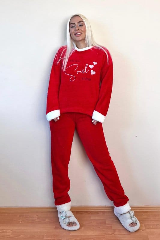 Kırmızı Soul Desenli Tam Peluş Pijama Takımı