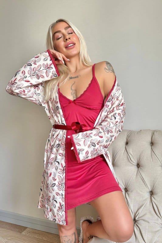 Kırmızı Svila Exclusive Örme Sabahlıklı Gecelik Kadın Pijama Takımı