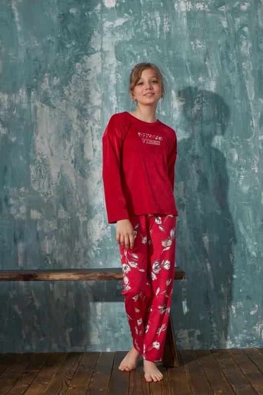 Kırmızı Vibes Kadife Anne Kız Aile Pijaması - Çocuk Takımı