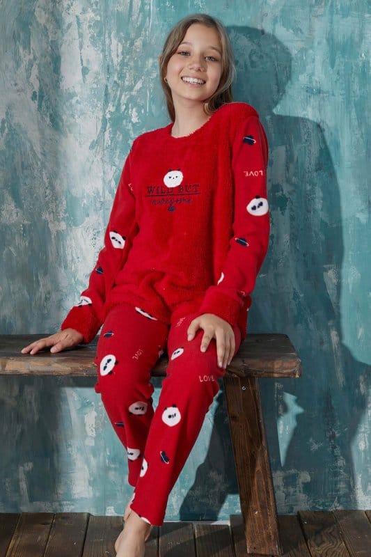 Kırmızı Wild But Desenli Kız Çocuk Peluş Pijama Takımı