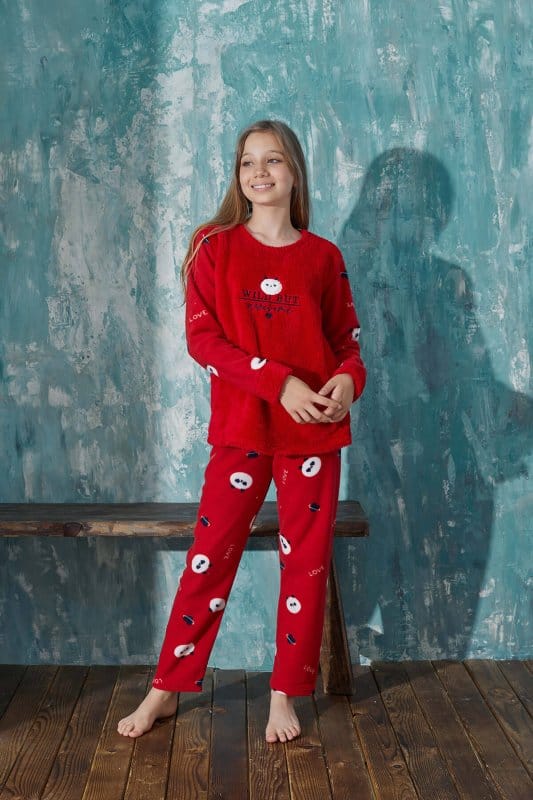 Kırmızı Wild But Desenli Kız Çocuk Peluş Pijama Takımı
