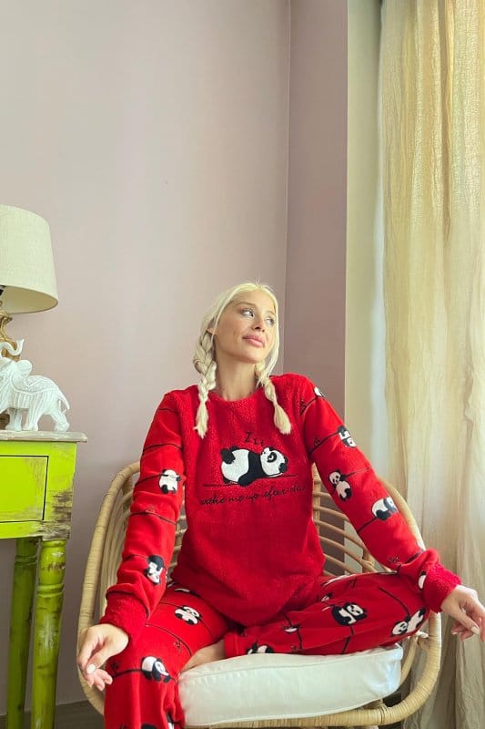 Kırmızı Zzz Wake Desenli Kadın Peluş Pijama Takımı