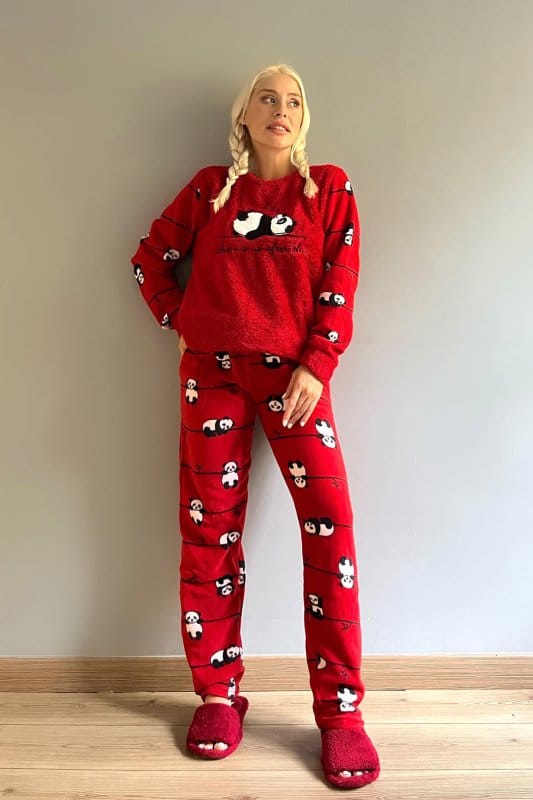 Kırmızı Zzz Wake Desenli Kadın Peluş Pijama Takımı