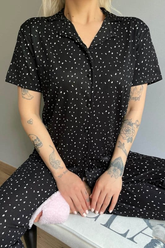 Konfeti Desenli Örme Önden Düğmeli Kısa Kol Kadın Pijama Takımı