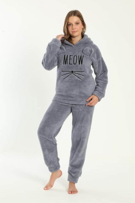 Koyu Gri Meow Desenli Tam Peluş Pijama Takımı