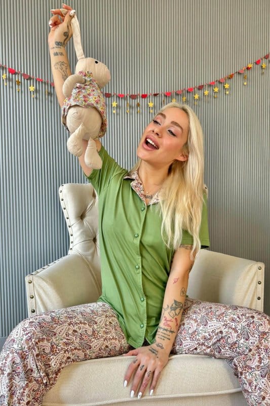Koyu Yeşil Florado Exclusive Önden Düğmeli Kısa Kollu Kadın Pijama Takımı