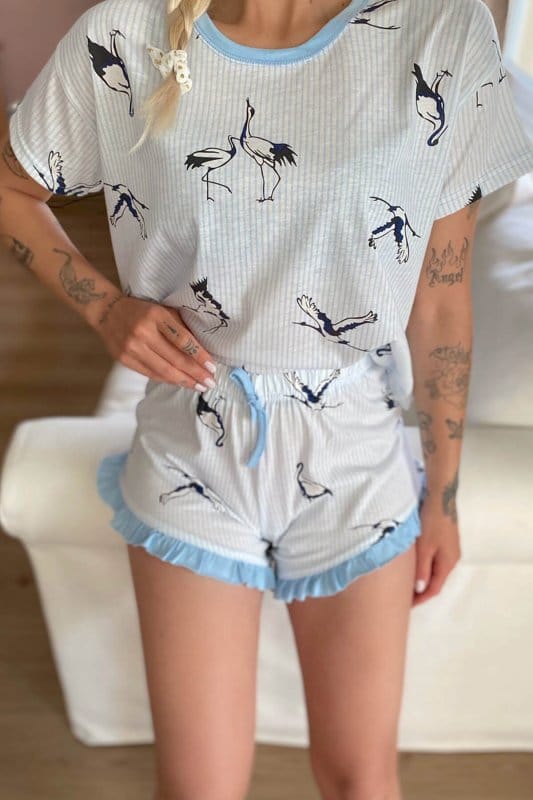 Kuş Baskılı Baskılı Şortlu Kadın Pijama Takımı