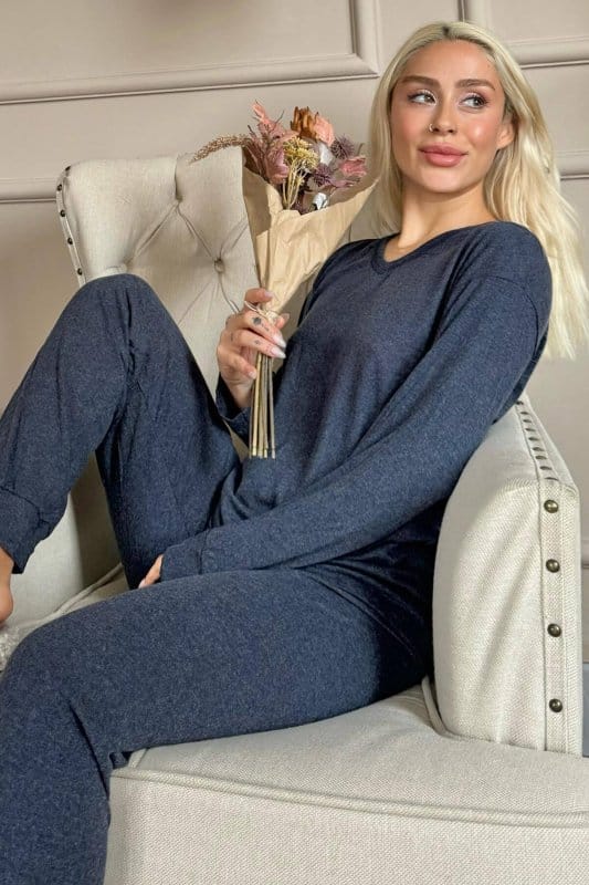 Lacivert Bambu Uzun Kol Kadın Pijama Takımı