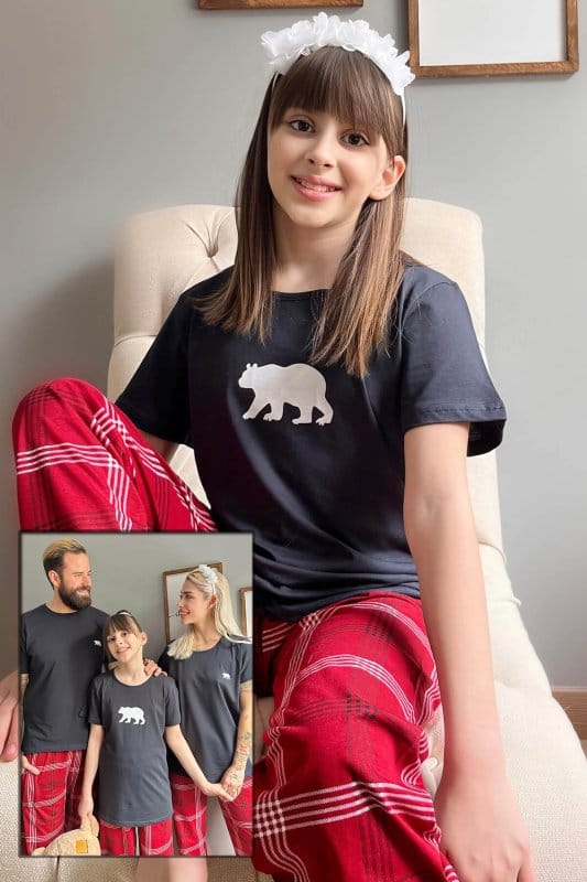 Lacivert Bear Kısa Kol Anne Kız Aile Pijaması - Çocuk Takımı