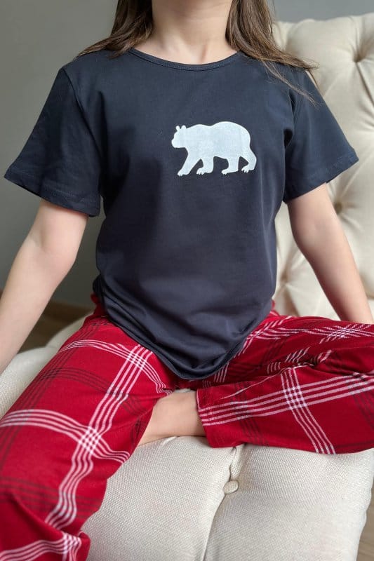 Lacivert Bear Kısa Kol Anne Kız Aile Pijaması - Çocuk Takımı
