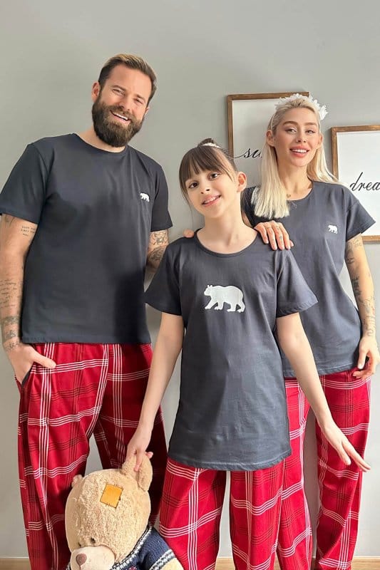 Lacivert Bear Kısa Kol Sevgili Aile Pijaması - Kadın Takımı