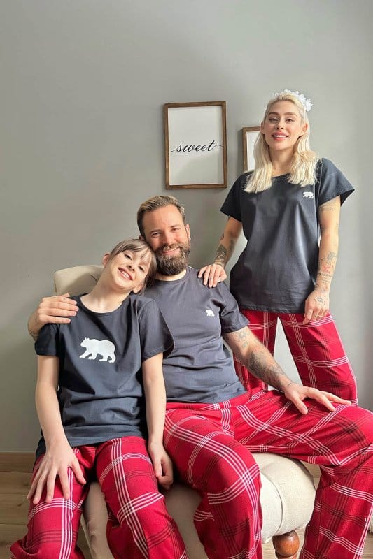 Lacivert Bear Kısa Kol Sevgili Aile Pijaması - Kadın Takımı