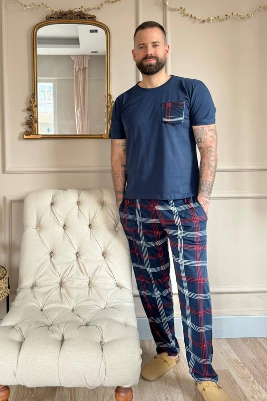 Lacivert Cep Detay Kısa Kol Sevgili Aile Pijaması - Erkek Takımı