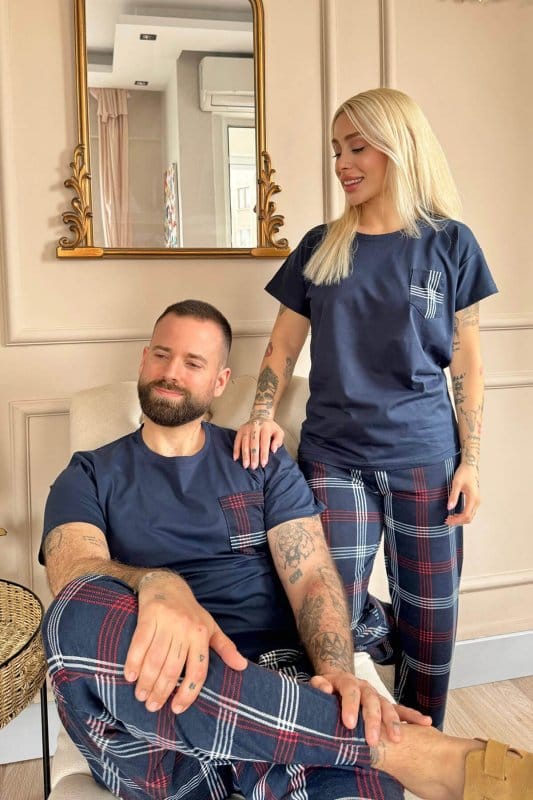 Lacivert Cep Detay Kısa Kol Sevgili Aile Pijaması - Erkek Takımı