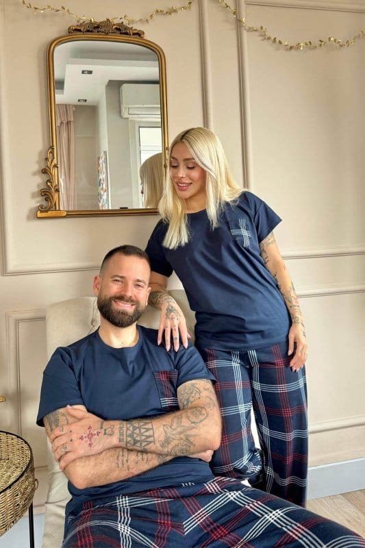 Lacivert Cep Detay Kısa Kol Sevgili Aile Pijaması - Kadın Takımı