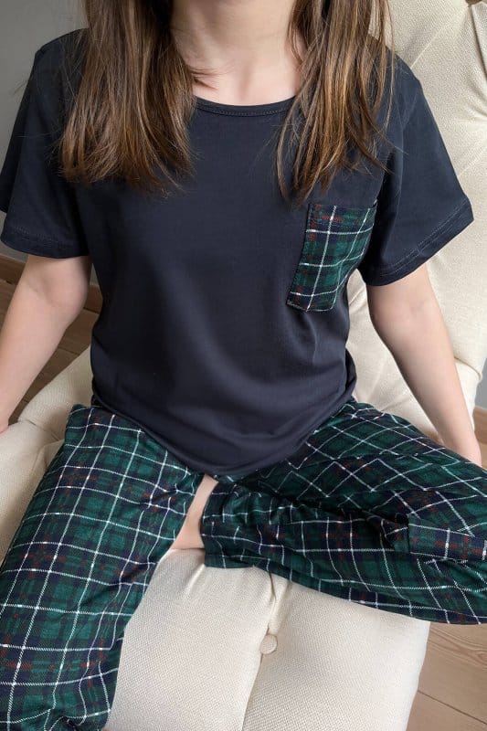 Lacivert Cep Kısa Kol Anne Kız Aile Pijaması - Çocuk Takımı