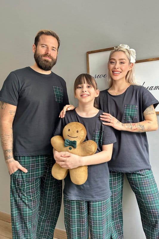 Lacivert Cep Kısa Kol Anne Kız Aile Pijaması - Çocuk Takımı