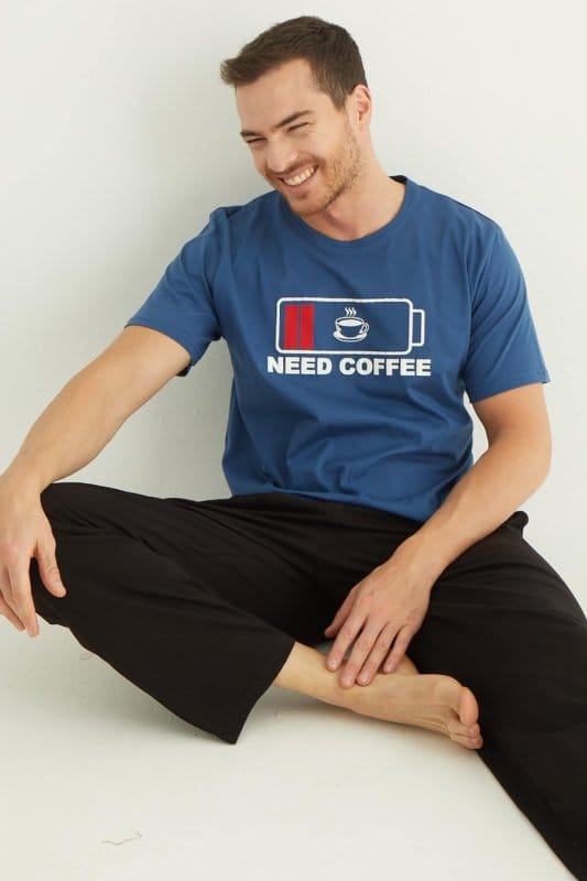 Lacivert Coffee Baskılı Kısa Kollu Alt Uzun Erkek Pijama Takımı