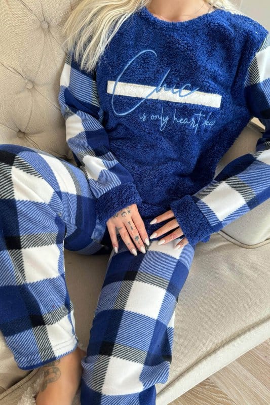 Lacivert Deep Chic Desenli Kadın Peluş Pijama Takımı