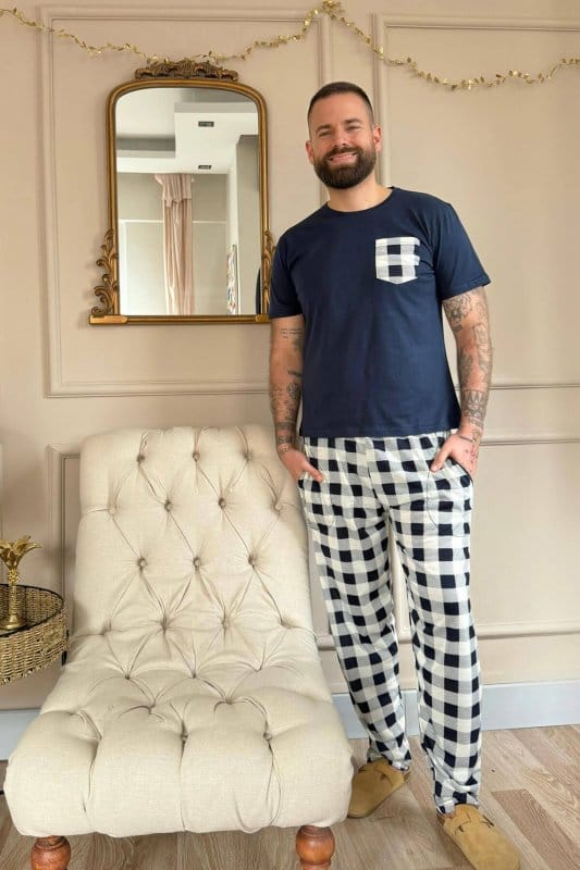 Lacivert Ekru Ekose Cep Detay Ekose Kısa Kollu Erkek Pijama Takımı