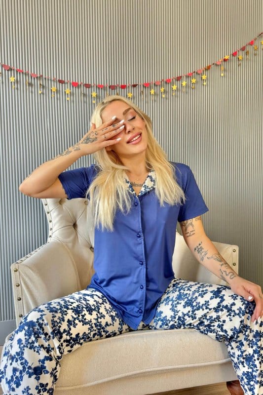 Lacivert Florado Exclusive Önden Düğmeli Kısa Kollu Kadın Pijama Takımı