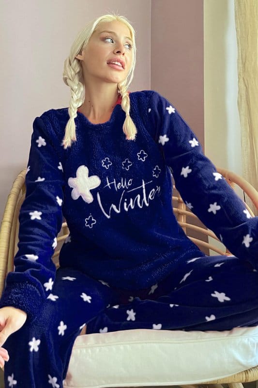 Lacivert Hello Winter Desenli Kadın Peluş Pijama Takımı