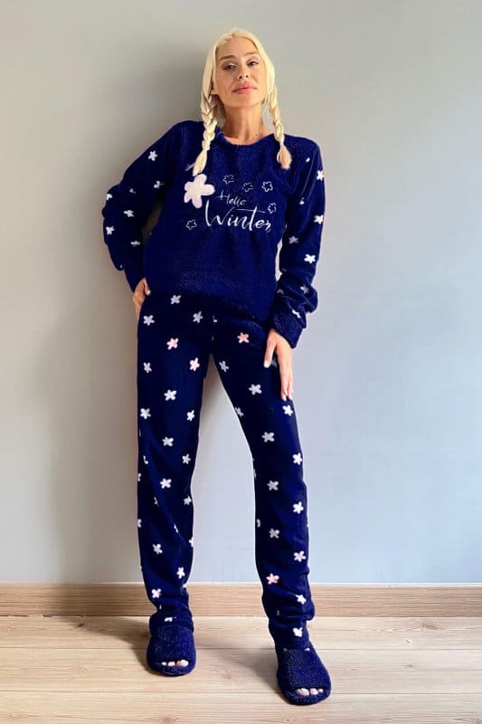 Lacivert Hello Winter Desenli Kadın Peluş Pijama Takımı