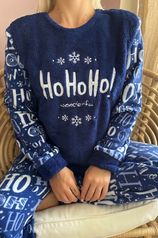 Lacivert Hoho Desenli Kadın Peluş Pijama Takımı