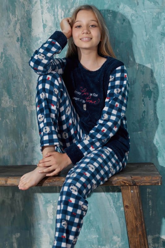 Lacivert Home Desenli Kız Çocuk Peluş Pijama Takım