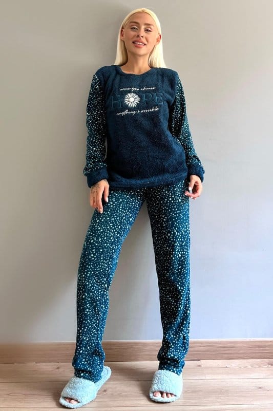 Lacivert Hope Desenli Kadın Peluş Pijama Takımı
