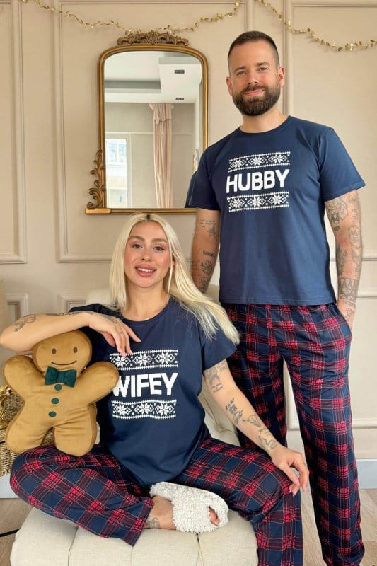 Lacivert Hubby Kısa Kol Sevgili Aile Pijaması - Erkek Takımı