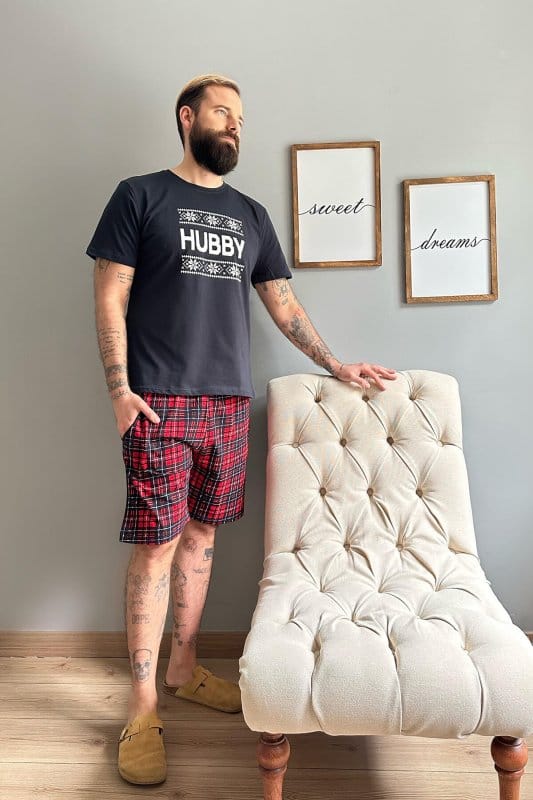 Lacivert Hubby Şortlu Sevgili Aile Pijaması - Erkek Takımı