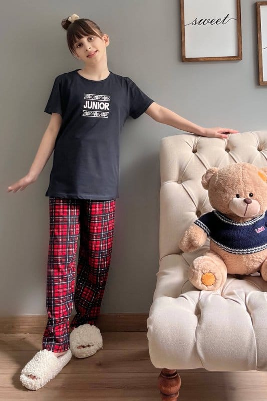 Lacivert Junior Kısa Kol Anne Kız Aile Pijaması - Çocuk Takımı
