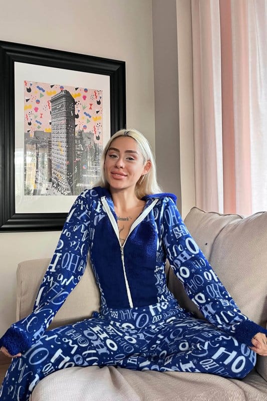 Lacivert Laugh Desenli Kadın Polar Peluş Tulum Pijama Takımı