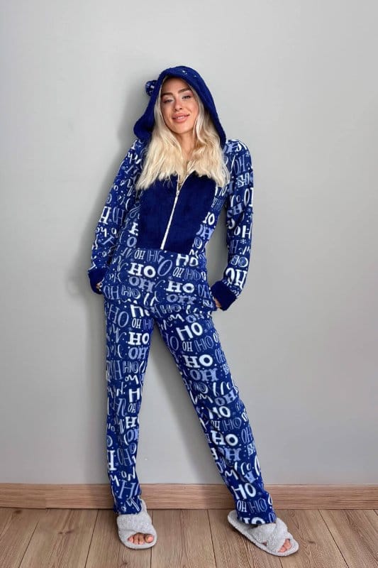Lacivert Laugh Desenli Kadın Polar Peluş Tulum Pijama Takımı