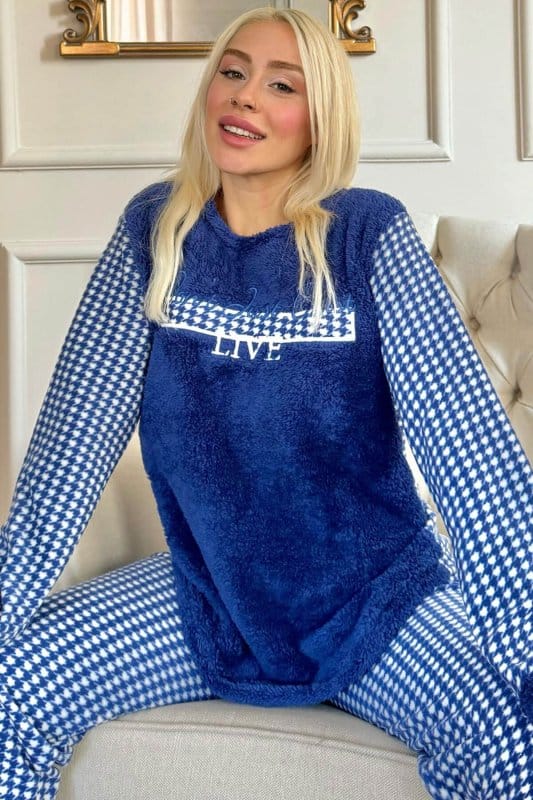 Lacivert Live Desenli Kadın Peluş Pijama Takımı