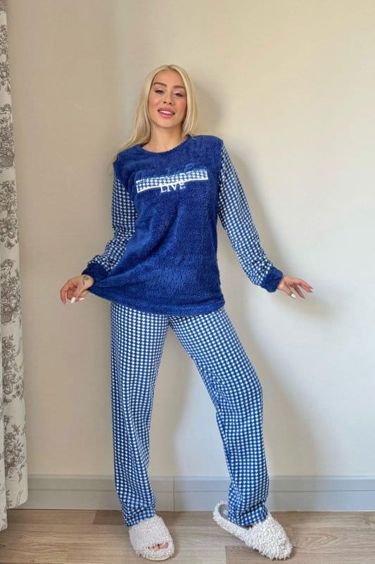 Lacivert Live Desenli Kadın Peluş Pijama Takımı
