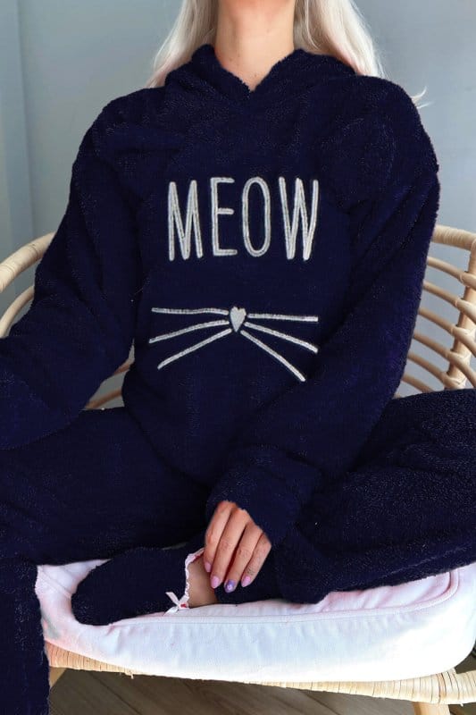 Lacivert Meow Desenli Tam Peluş Pijama Takımı