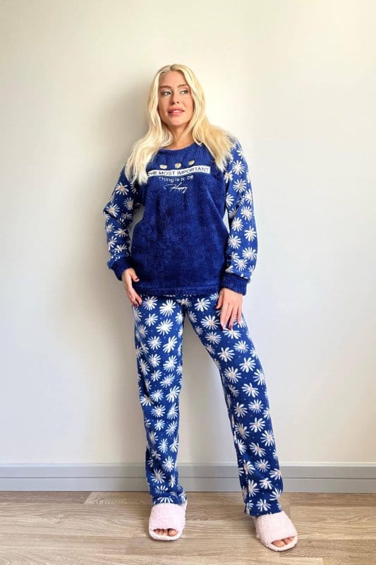 Lacivert Most Thing Desenli Kadın Peluş Pijama Takımı