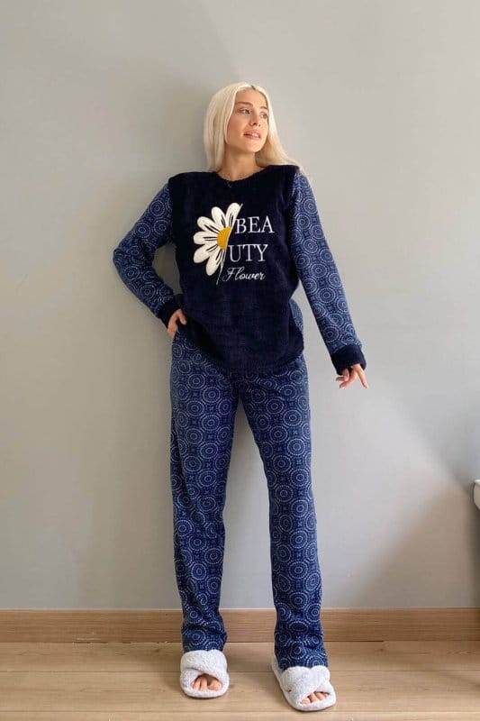 Lacivert Papatya Desenli Kadın Peluş Pijama Takımı
