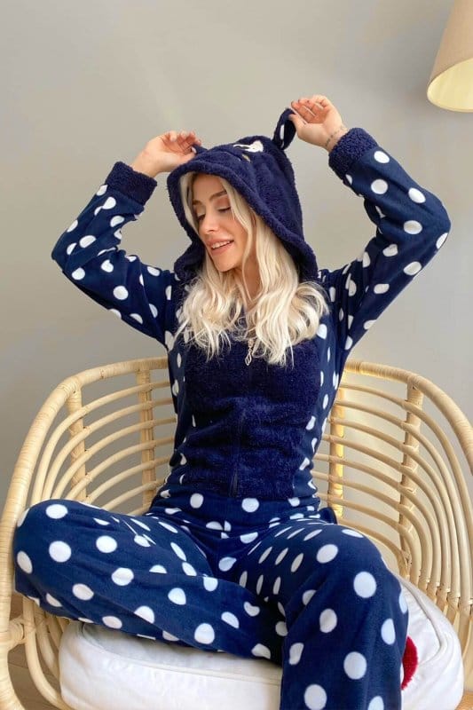 Lacivert Puan Desenli Kadın Polar Peluş Tulum Pijama