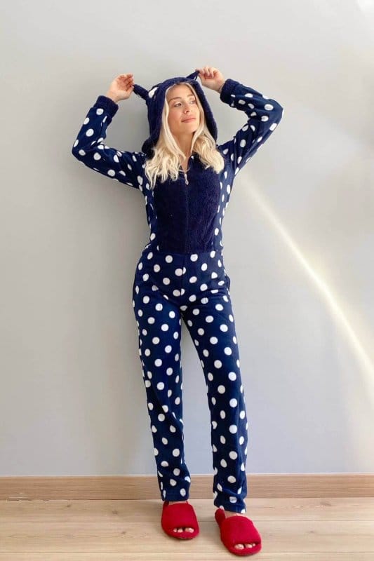 Lacivert Puan Desenli Kadın Polar Peluş Tulum Pijama