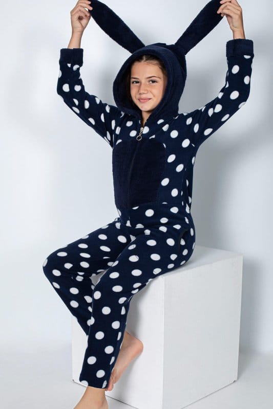 Lacivert Puan Desenli Kız Çocuk Polar Peluş Tulum Pijama