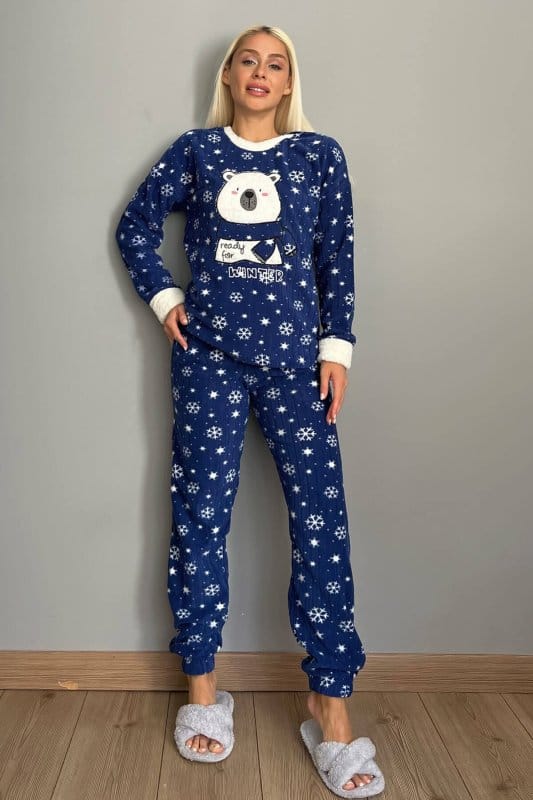 Lacivert Ready Bear Desenli Peluş Polar Pijama Takımı