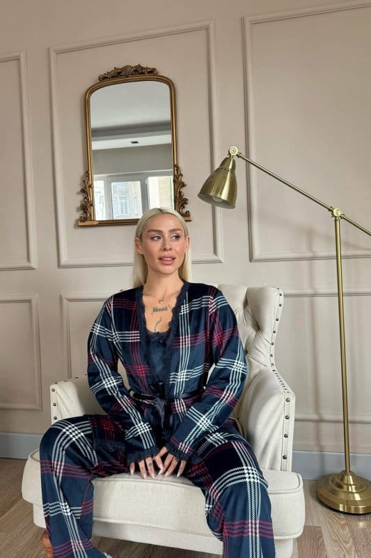 Lacivert Scotch Exclusive Kadife Sabahlıklı Kadın Pijama Takımı 