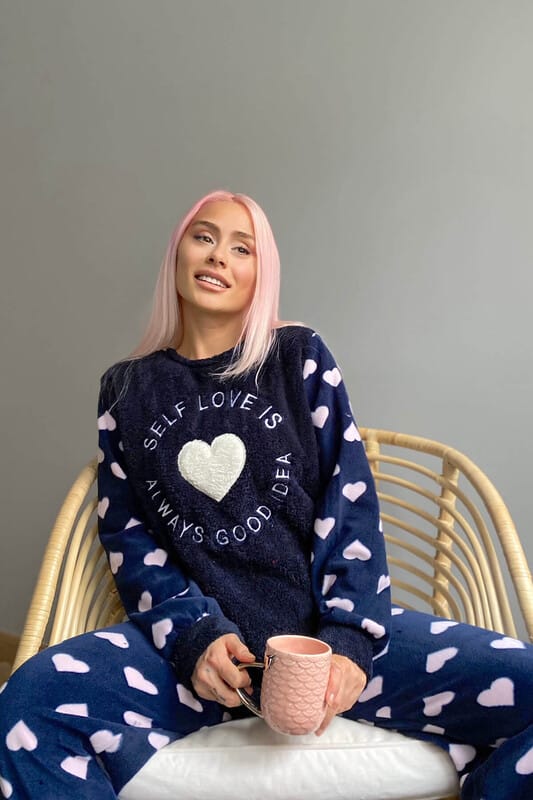 Lacivert Self Love Desenli Kadın Peluş Pijama Takımı