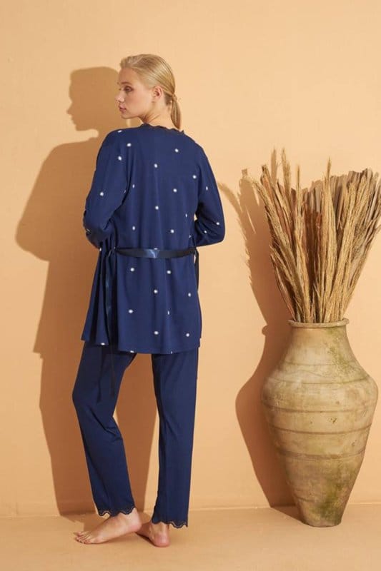 Lacivert Sunlit Desenli Bambu Sabahlıklı Kadın Pijama Takımı