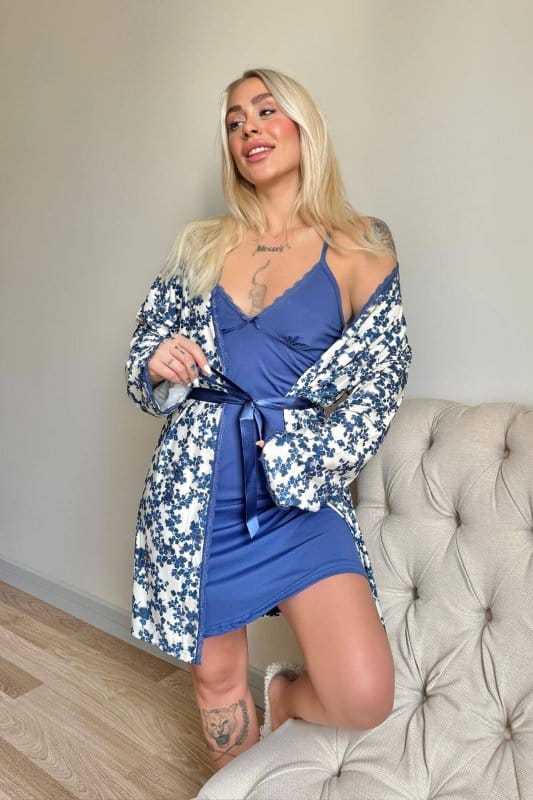 Lacivert Svila Exclusive Örme Sabahlıklı Gecelik Kadın Pijama Takımı
