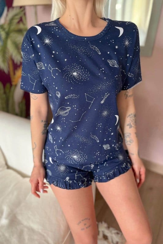 Lacivert Uzay Baskılı Şortlu Kadın Pijama Takımı