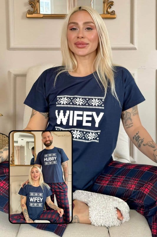 Lacivert Wifey Kısa Kol Sevgili Aile Pijaması - Kadın Takımı